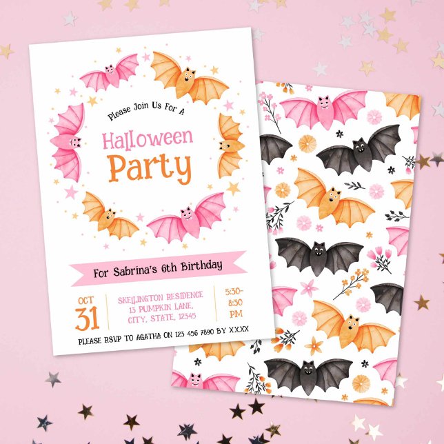 Invitación Fiesta de cumpleaños de Cute Bats Halloween (Cute Bats Halloween Birthday Party Invitation)