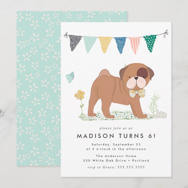 Invitación Fiesta de cumpleaños de Cute Bowtie Pug (Anverso / Reverso)