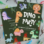 Invitación Fiesta de cumpleaños de Cute Kids Green Dino<br><div class="desc">¡Roarrr! Prepárate para una celebración de dino-mite con nuestras invitaciones para la fiesta de cumpleaños Green Dino para niños. Con sus adorables T-Rex y Triceratops,  estas coloridas invitaciones son perfectas para dar un toque de diversión y aventura prehistórica. ¡Consigue el tuyo ahora y deja que el fiesta empiece!</div>