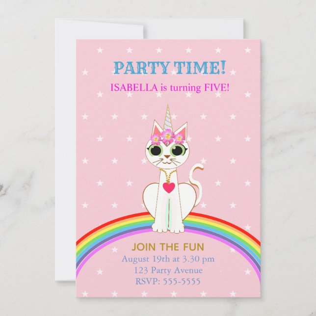 Invitación Fiesta de cumpleaños de Cute Kitticorn (Anverso)
