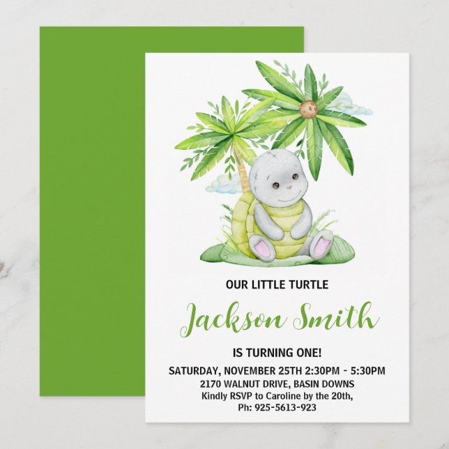 Invitación Fiesta de cumpleaños de Cute Little Turtle (Anverso / Reverso)