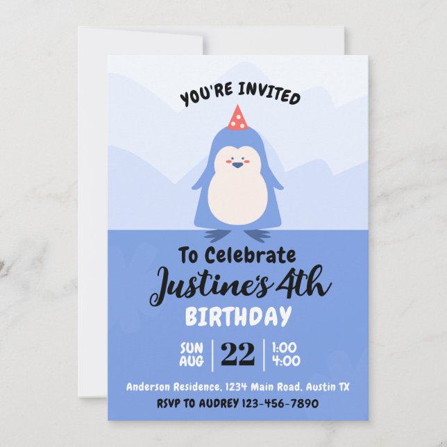 Invitación Fiesta de cumpleaños de Cute Penguin (Anverso)
