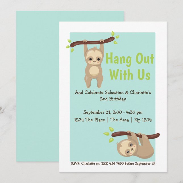 Invitación Fiesta de cumpleaños de Cute Personalizado Sloth (Anverso / Reverso)