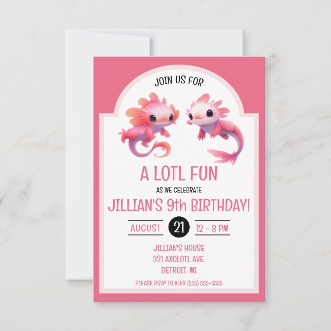 Invitación Fiesta de cumpleaños de Cute Pink Axolotl (Anverso)