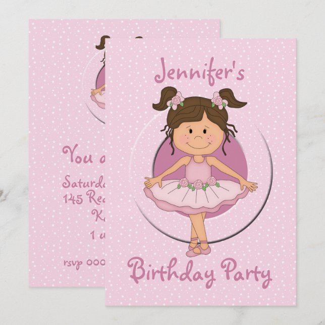 Invitación Fiesta de cumpleaños de Cute Pink Ballerina (Anverso / Reverso)