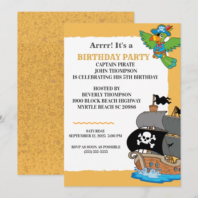 Invitación Fiesta de cumpleaños de Cute Pirate (Anverso / Reverso)