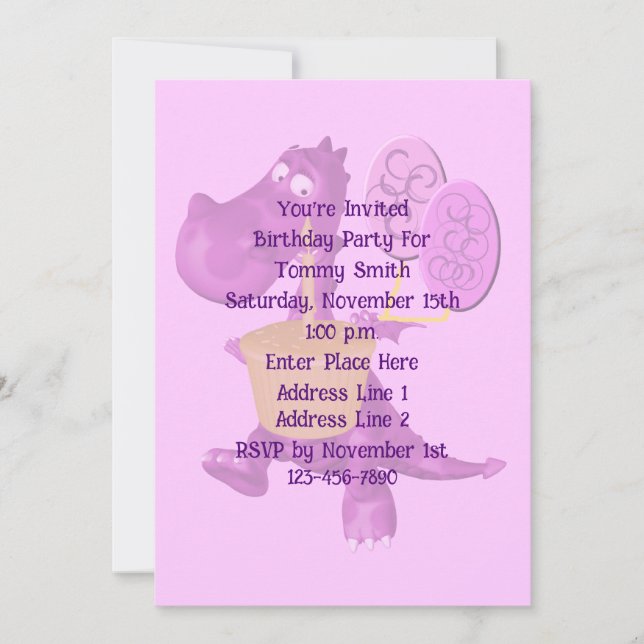 Invitación Fiesta de cumpleaños de Cute Purple Dinosaur (Anverso)