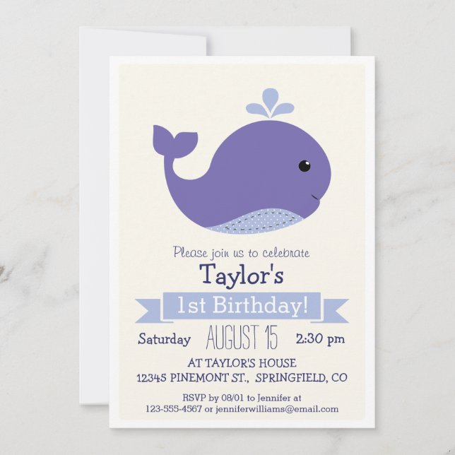 Invitación Fiesta de cumpleaños de Cute Purple Whale (Anverso)
