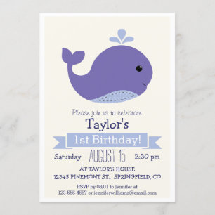 Invitación Fiesta de cumpleaños de Cute Purple Whale