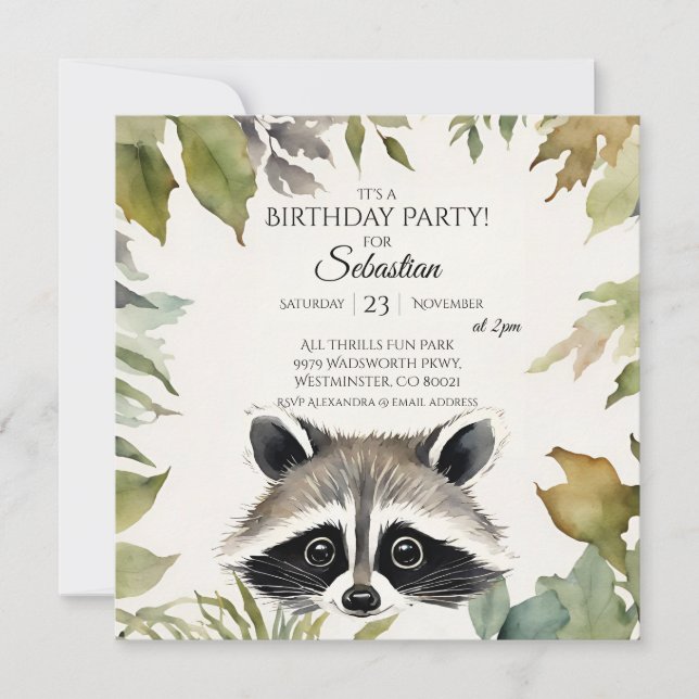 Invitación Fiesta de cumpleaños de Cute Raccoon Woodland (Anverso)