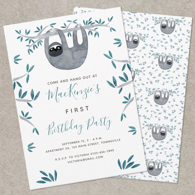 Invitación Fiesta de cumpleaños de Cute Sloth (Cute sloth first birthday party invitation)