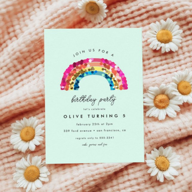 Invitación Fiesta de cumpleaños de Cute Sparkly Sequin Rainbo (Subido por el creador)