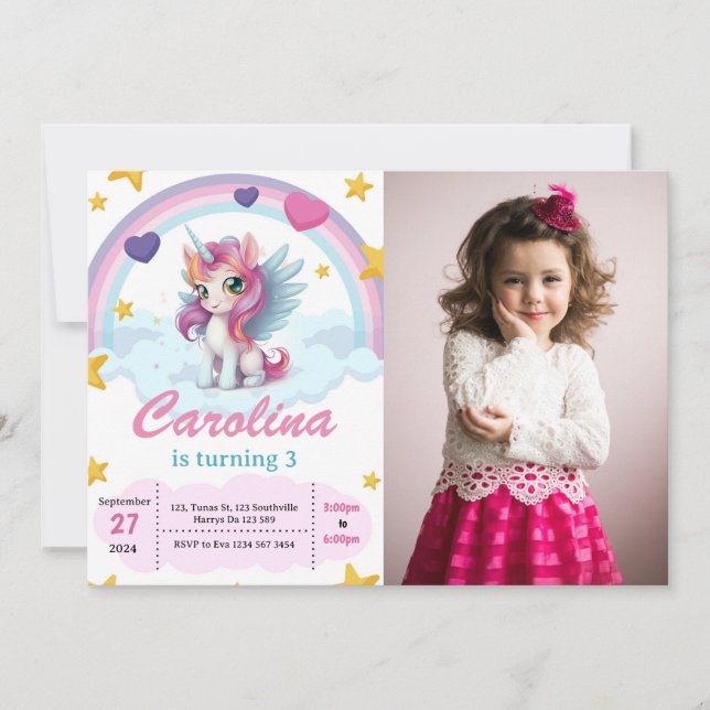 Invitación Fiesta de cumpleaños de Cute Unicorn (Anverso)