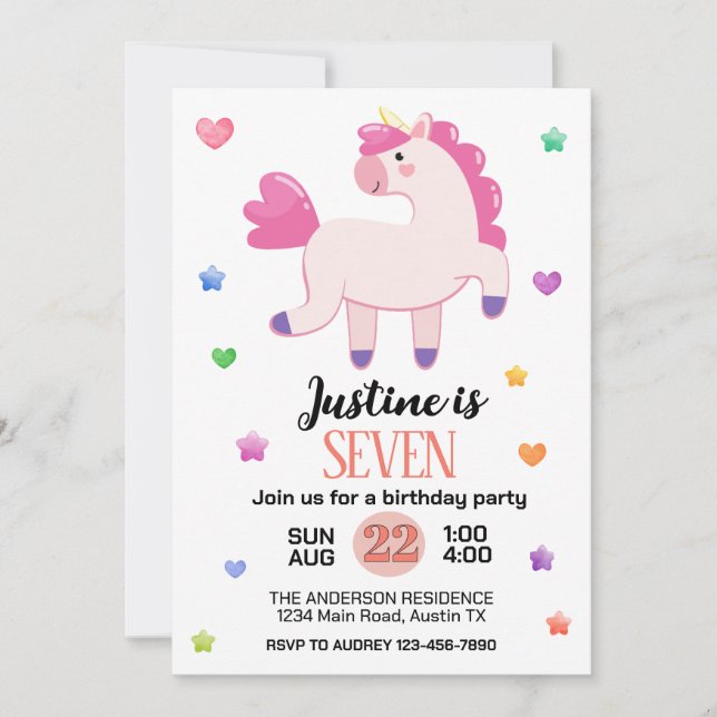 Invitación Fiesta de cumpleaños de Cute Unicorn (Anverso)