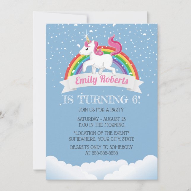 Invitación Fiesta de cumpleaños de Cute Unicorn y Rainbow (Anverso)