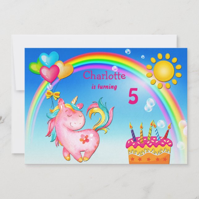 Invitación Fiesta de cumpleaños de Cute Unicorn y Rainbow (Anverso)