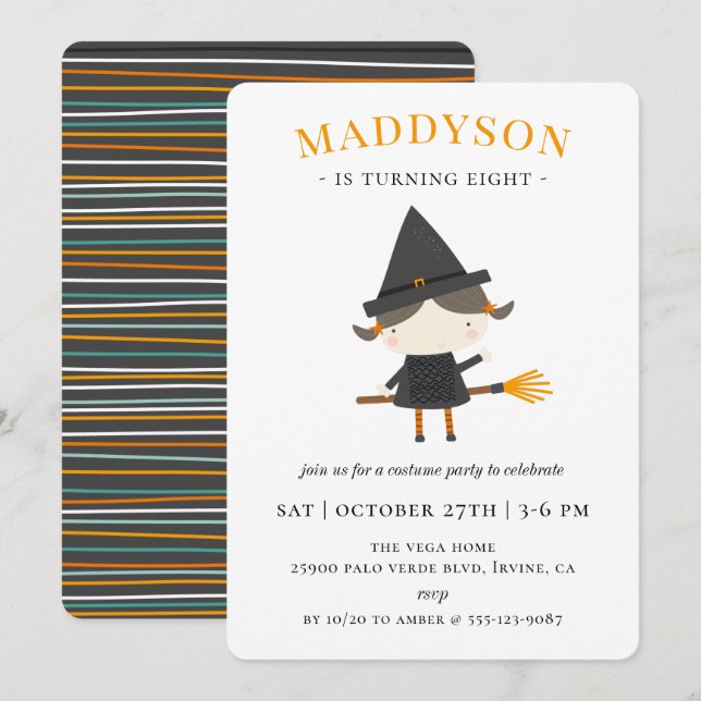 Invitación Fiesta de cumpleaños de Cute Witch Halloween (Anverso / Reverso)
