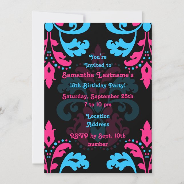 Invitación Fiesta de cumpleaños de Damask (Anverso)