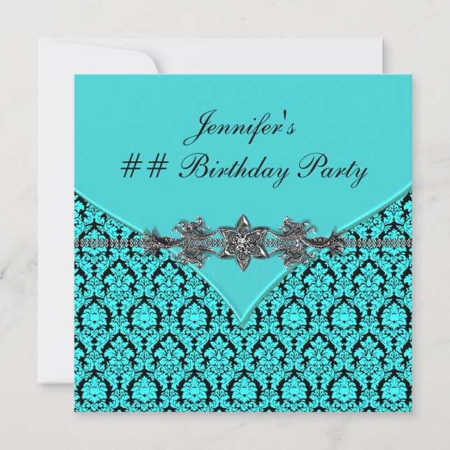 Invitación Fiesta de cumpleaños de Damask azul verde azulado (Anverso)