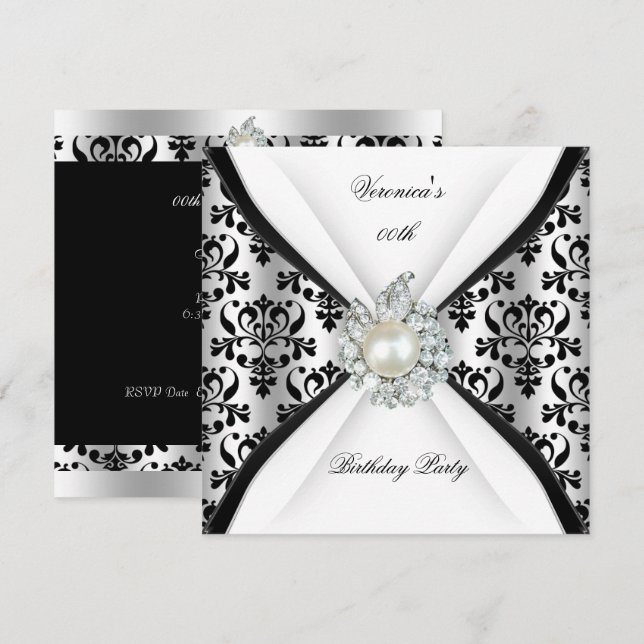 Invitación Fiesta de cumpleaños de Damask Black Pearl Diamond (Anverso / Reverso)