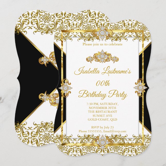 Invitación Fiesta de cumpleaños de Damask Gold Black White Di (Anverso / Reverso)