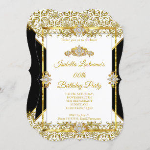 Invitación Fiesta de cumpleaños de Damask Gold Black White Di