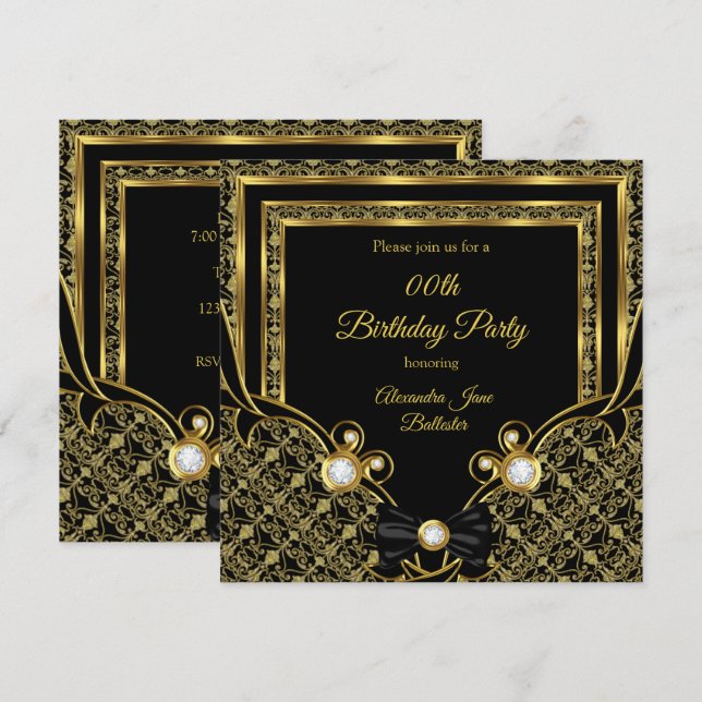 Invitación Fiesta de cumpleaños de Damask Gold Diamond Black  (Anverso / Reverso)