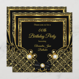 Invitación Fiesta de cumpleaños de Damask Gold Diamond Black