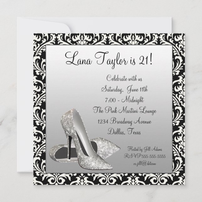 Invitación Fiesta de cumpleaños de Damask negro con tacones a (Anverso)