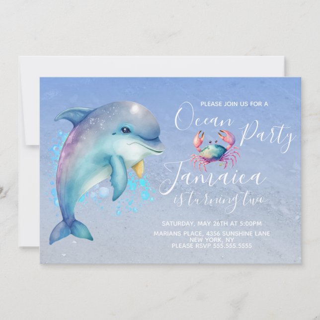 Invitación Fiesta de Cumpleaños de delfín de océano de acuare (Anverso)