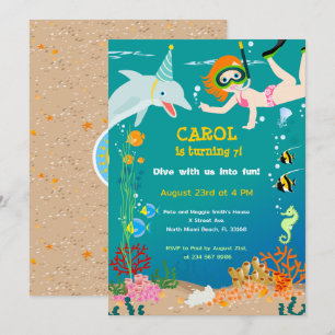 Invitación Fiesta de cumpleaños de delfines y niña bajo el ma