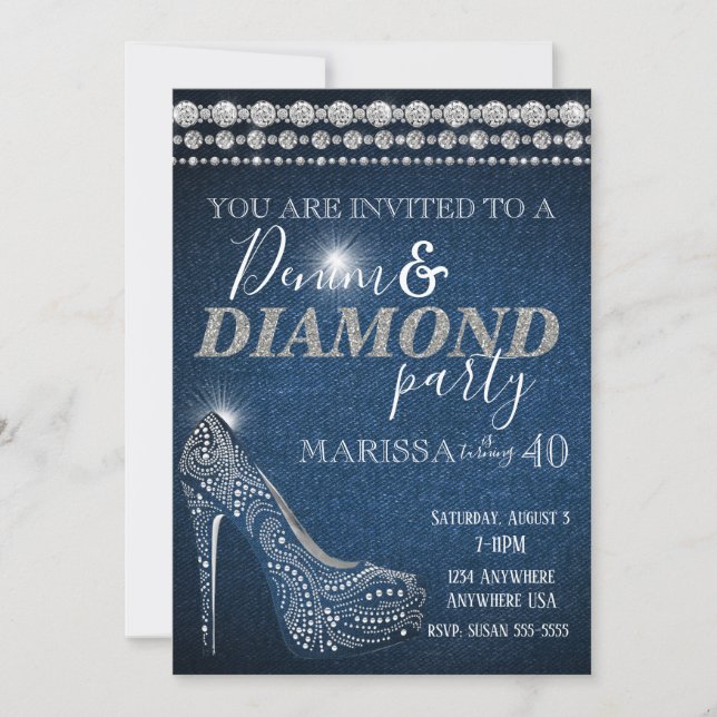 Invitación Fiesta de cumpleaños de Denim y Diamond, elegante, (Anverso)