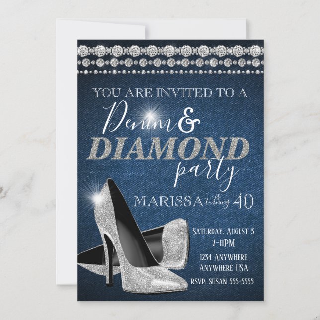 Invitación Fiesta de cumpleaños de Denim y Diamond, elegante, (Anverso)