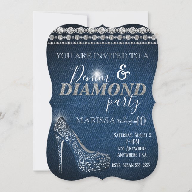 Invitación Fiesta de cumpleaños de Denim y Diamond, elegante, (Anverso)