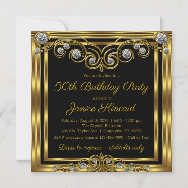 Invitación Fiesta de Cumpleaños de Diamantes de Oro Negro Ele (Anverso)