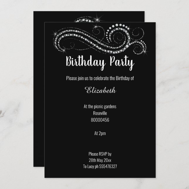 INVITACIÓN FIESTA DE CUMPLEAÑOS DE DIAMANTES NEGROS ELEGANTES (Anverso / Reverso)