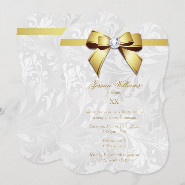 Invitación Fiesta de cumpleaños de Diamond Gold Bow, Ribbon y (Anverso / Reverso)