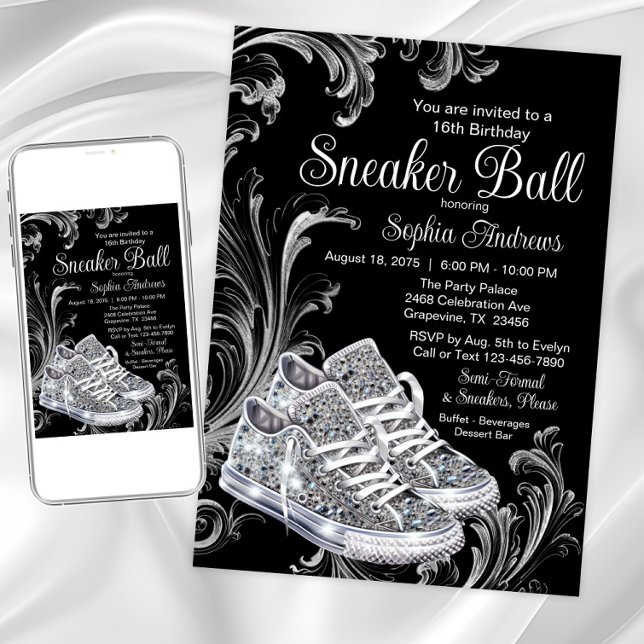 Invitación Fiesta de cumpleaños de Diamond Sneaker Ball (Black white diamond sneakers sneaker ball invitation. Available for Instant download and print.)