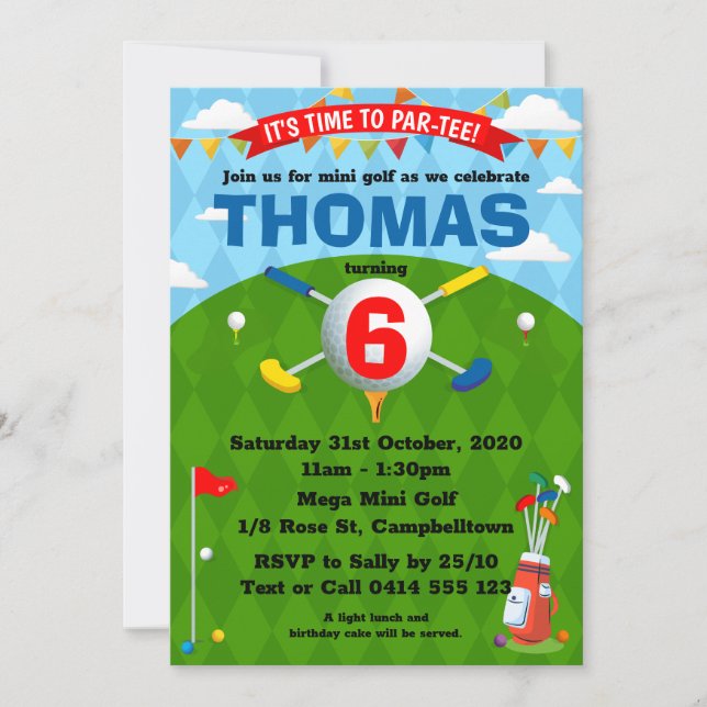 Invitación Fiesta de Cumpleaños de Dibujos Animados de Golf M (Anverso)