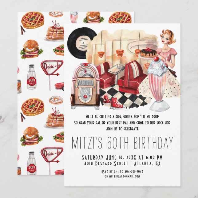 Invitación Fiesta de cumpleaños de Diner Sock Hop de los 50 (Anverso / Reverso)