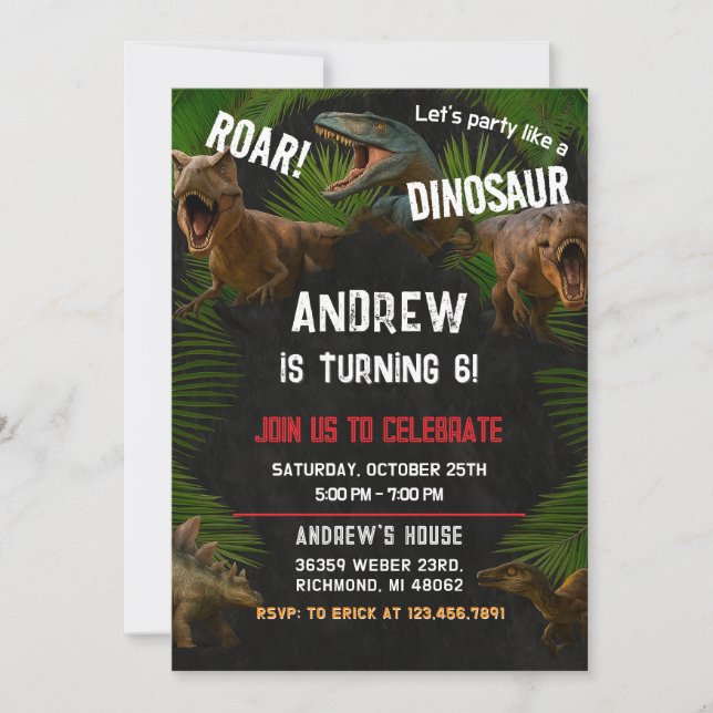 Invitación fiesta de cumpleaños de Dino Boy Dinosaur (Anverso)