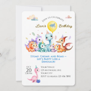 Invitación Fiesta de cumpleaños de Dino con acuarela