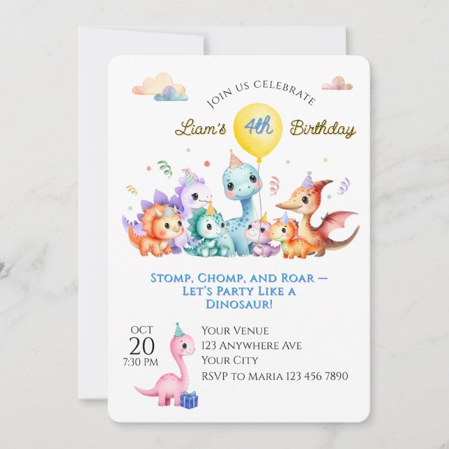 Invitación Fiesta de cumpleaños de Dino con acuarela (Anverso)