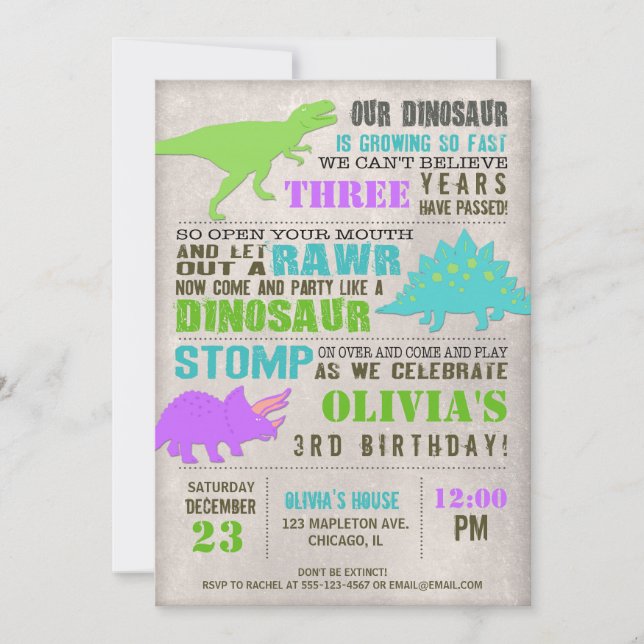Invitación fiesta de cumpleaños de dino dig de dinosaurio chi (Anverso)