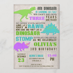 Invitación fiesta de cumpleaños de dino dig de dinosaurio chi