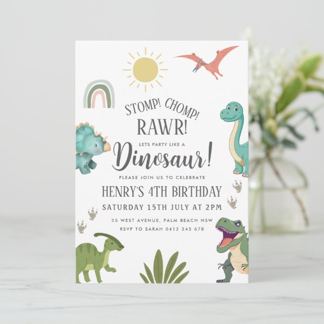 Invitación Fiesta de cumpleaños de Dinosaur (Anverso de pie)