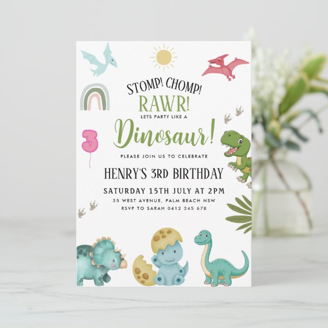 Invitación Fiesta de cumpleaños de Dinosaur (Anverso de pie)