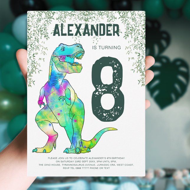 Invitación Fiesta de cumpleaños de Dinosaur T-Rex Roar (T-Rex Roar dinosaur 8th birthday party invitation colorful dino art jungle foliage green typography )