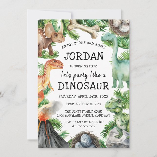 Invitación Fiesta de cumpleaños de dinosaurio    (Anverso)