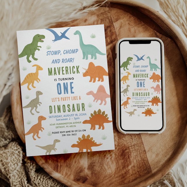 Invitación Fiesta de cumpleaños de dinosaurio 1er aniversario (Dinosaur 1st Birthday Party | Cute Prehistoric invitation
)